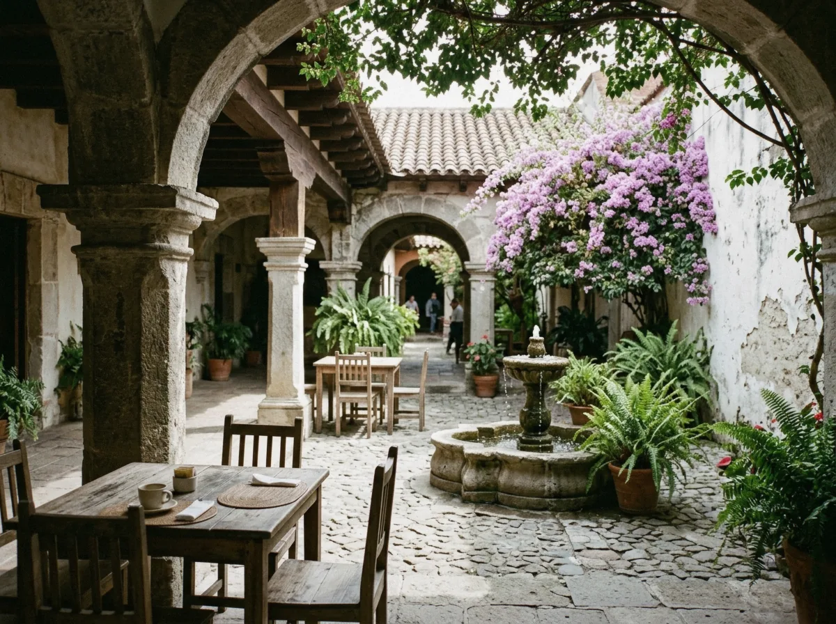 Colonial courtyard with arched corridors and a fountain, the kind of hotel interior behind Antigua Guatemala doorways