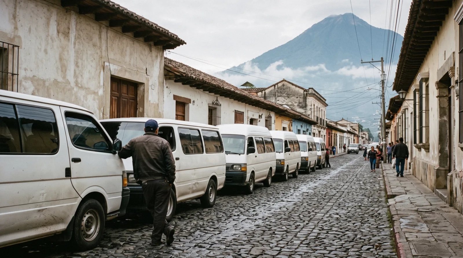 Group of travellers on a tour in the streets of Antigua Guatemala with the Santa Catalina Arch behind them