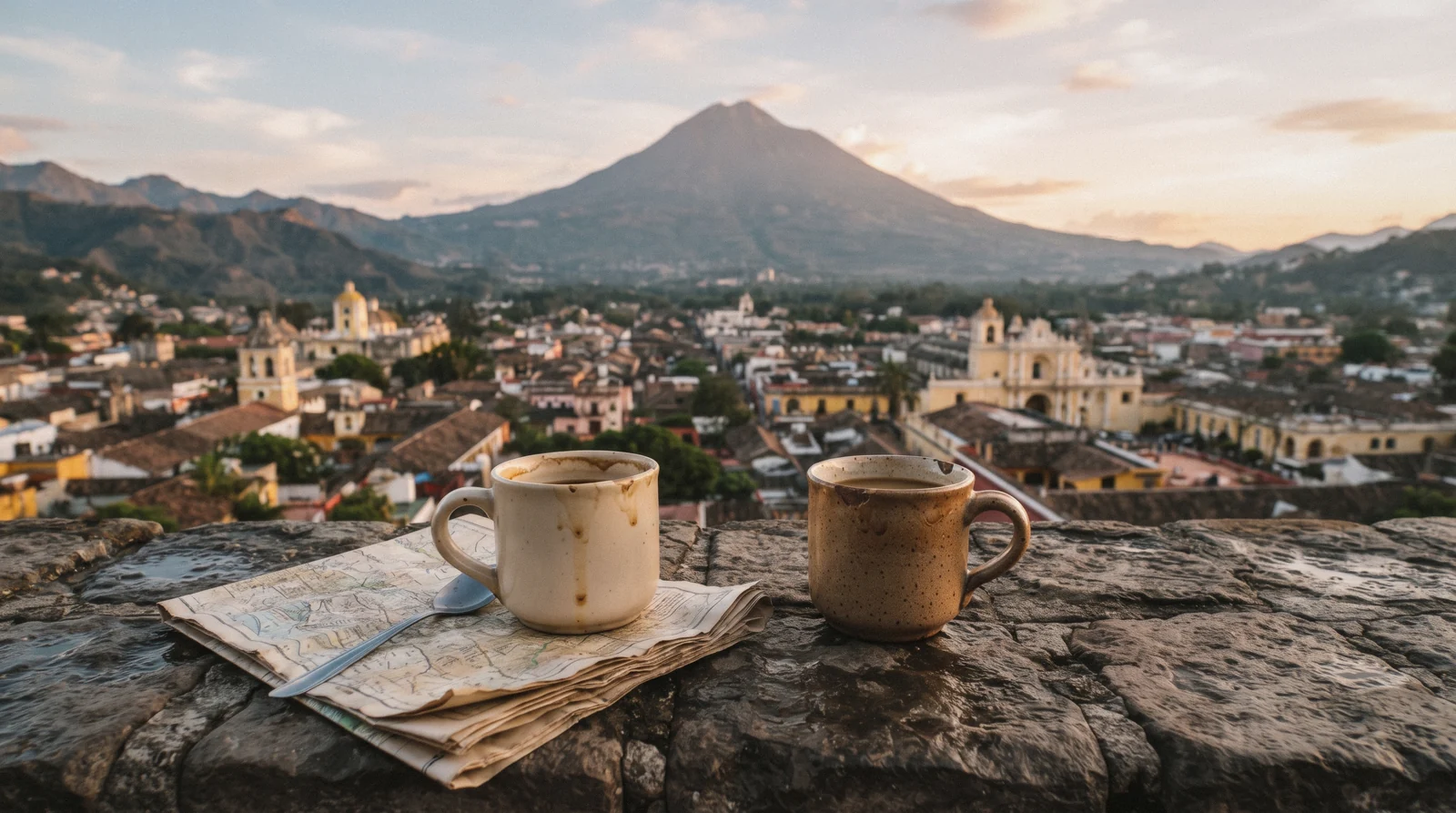 The view over the rooftops of Antigua toward Volcan de Agua from the Cerro de la Cruz hillside at the end of day one