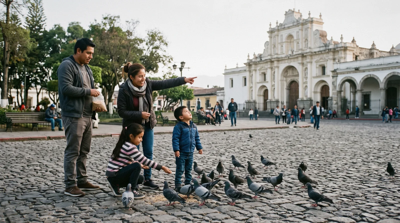 Family walking on the cobbled streets of Antigua Guatemala near Parque Central