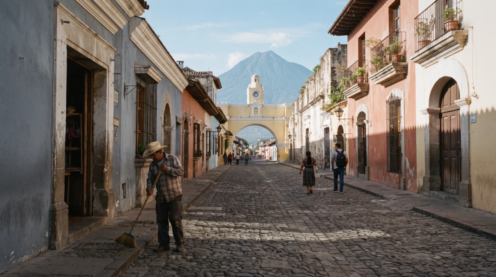 The 5a Avenida Norte corridor of the Antigua Guatemala Centro Histórico in early morning light, doorways opening toward the arch