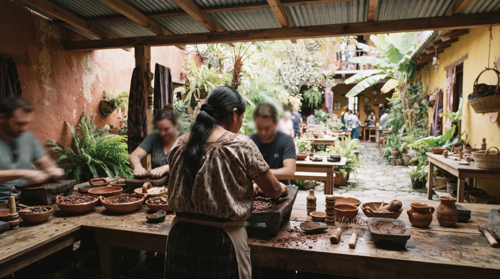 Open-air workshop tables at the Chocomuseo in Antigua Guatemala with cacao beans and stone grinders on wooden counters in dappled courtyard light