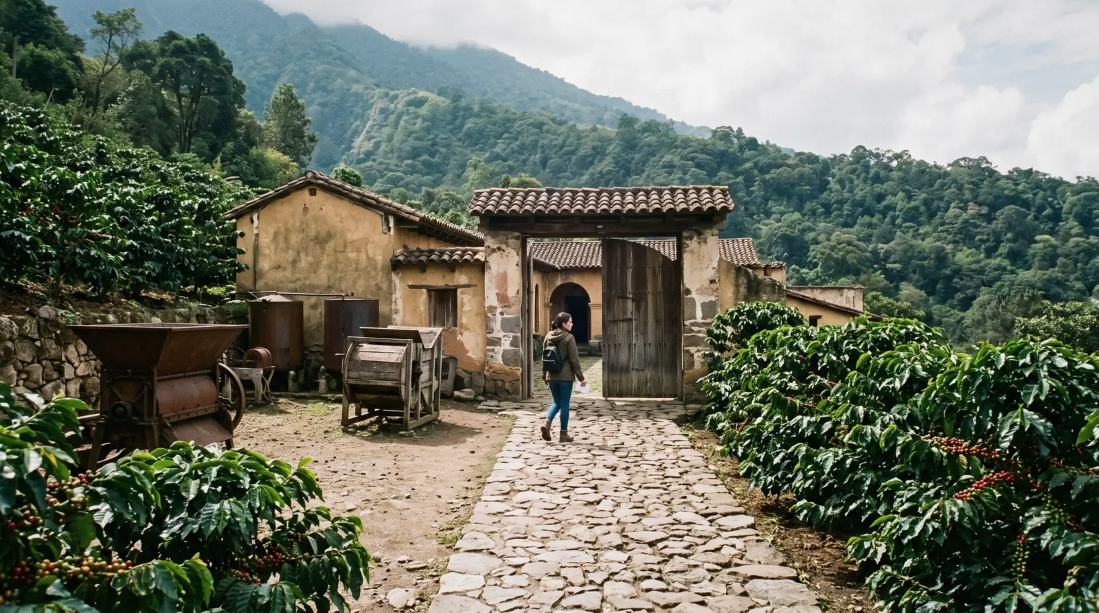 Coffee plants shading a stone walkway on the Finca La Azotea hillside in Jocotenango, a visitor with a cup at a tasting table under a covered terrace