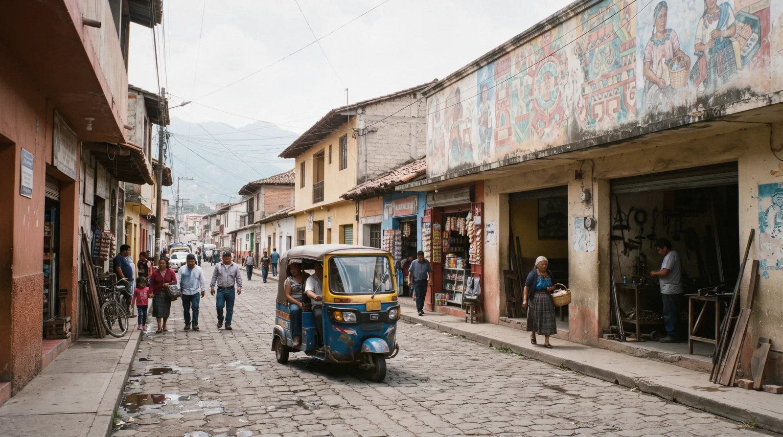 The mid-morning main road of Jocotenango outside Antigua Guatemala, workshops and small shops, a tuk-tuk passing
