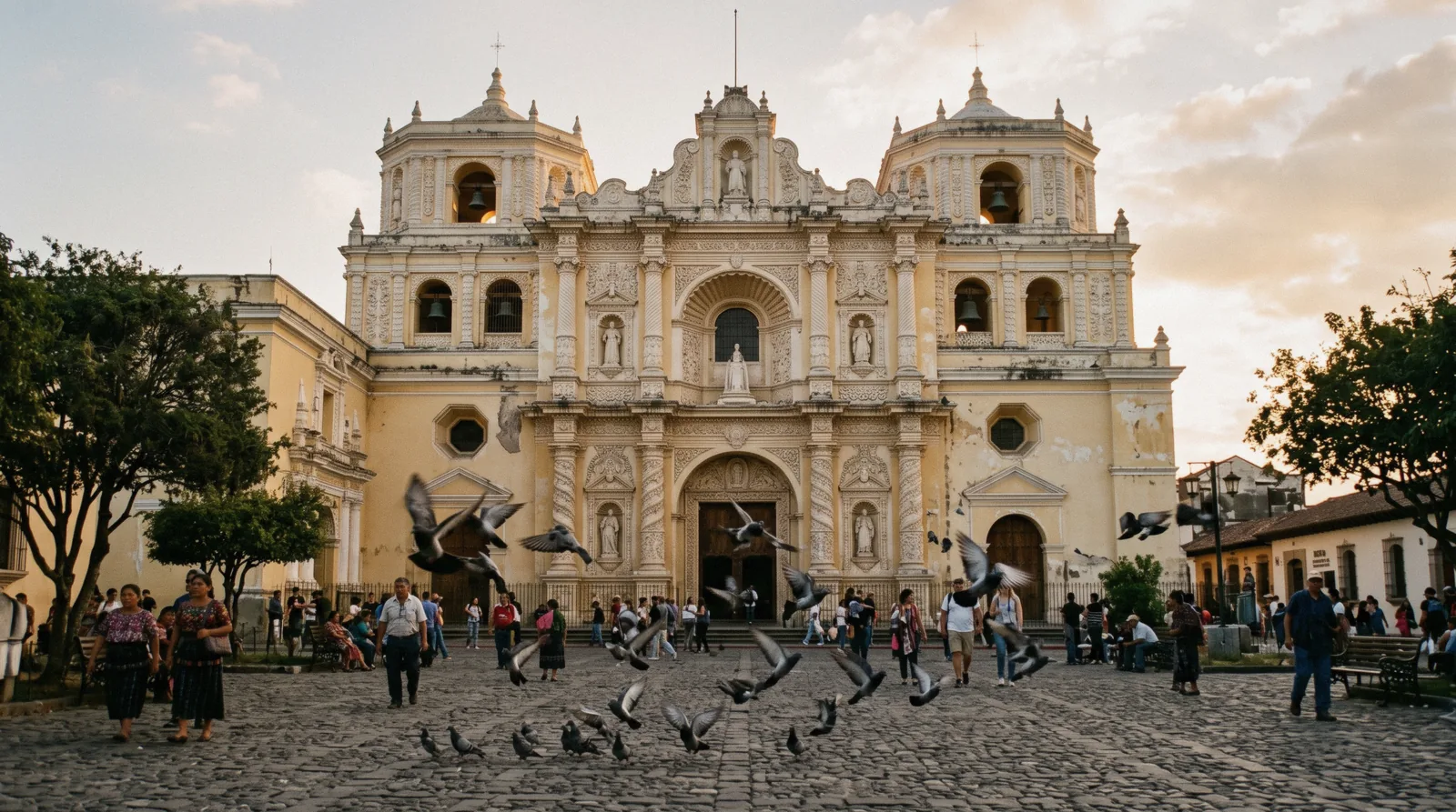 The baroque facade of La Merced church in Antigua Guatemala at golden hour, cream and yellow stucco with carved pilasters, pigeons lifting from the square