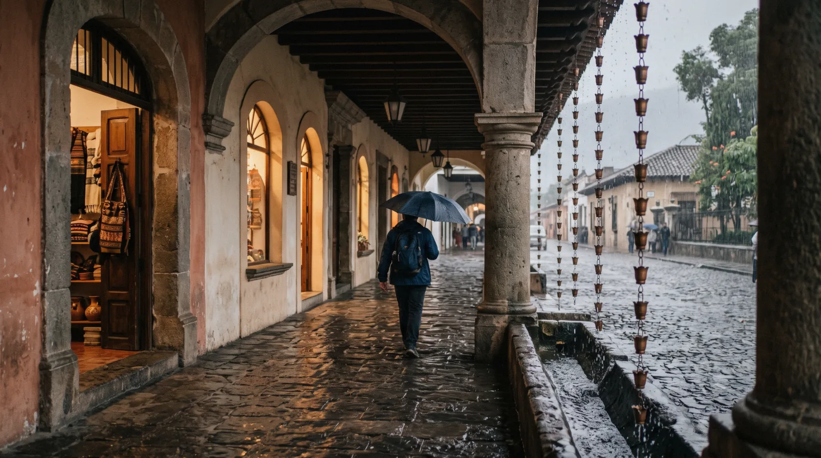 A wet cobblestone street in Antigua Guatemala on a grey afternoon, umbrellas passing under the Santa Catalina Arch