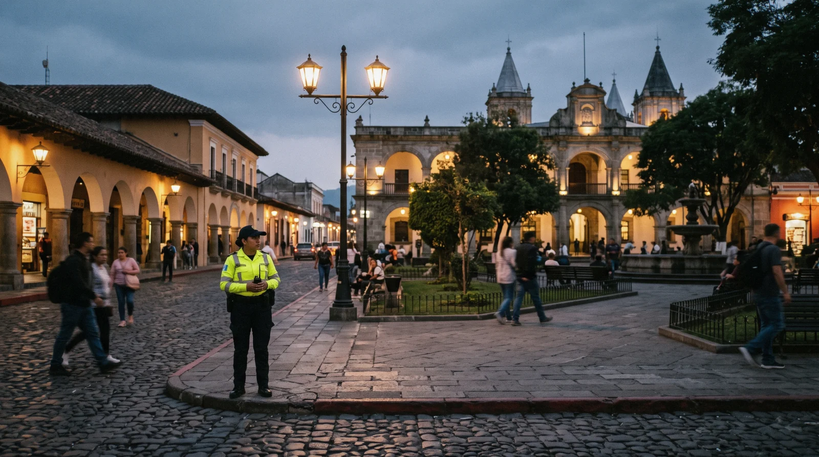 A cobbled street in Antigua Guatemala under an evening sky, the town the question is antigua guatemala safe is really about