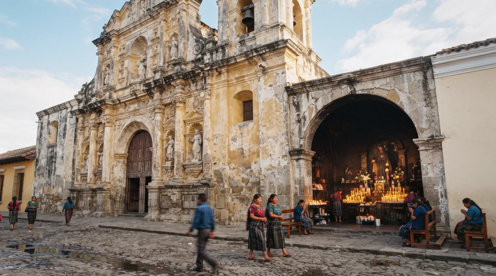 The weathered baroque facade of the San Francisco church in Antigua Guatemala mid-morning with candles glowing in the side shrine chapel