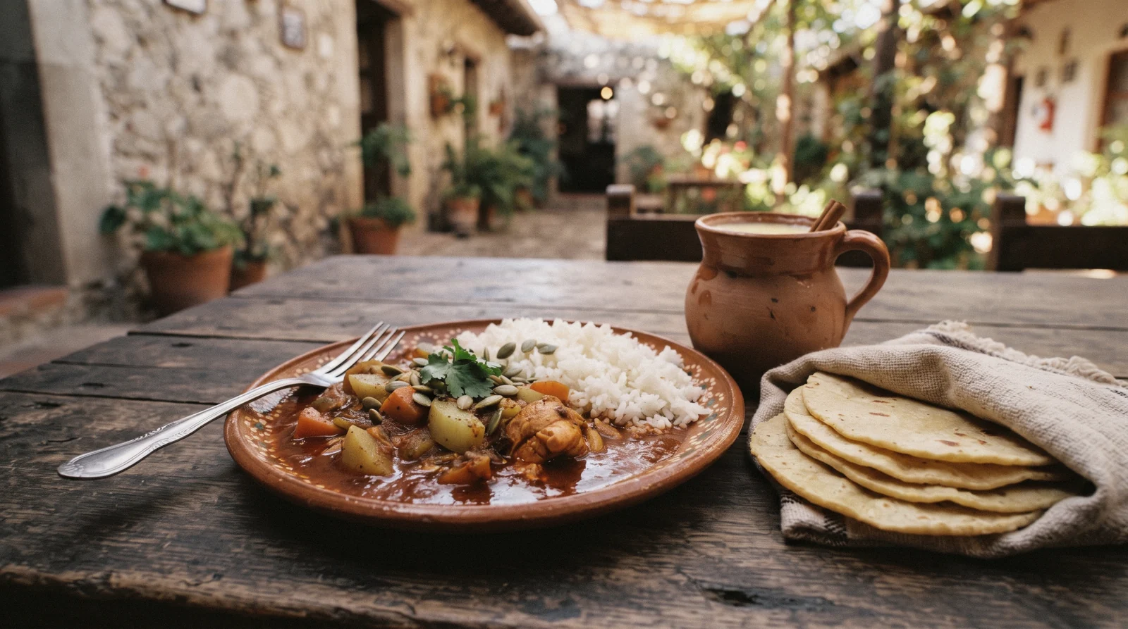A bowl of pepian stew with rice on a wooden table in a courtyard in Antigua Guatemala